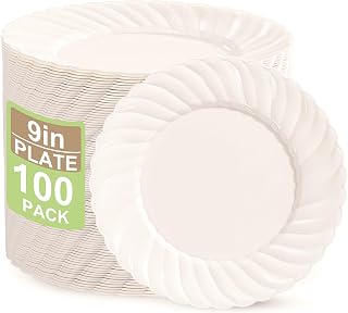 U-QE 100 Count 9 Inch Ivory Plastic Plates for Party - Scalloped Disposable Dinner Plates - Premium Hard Fancy Disposable Heavy Duty Party Supplies for Birthdays, Celebrations, Weddings and Events