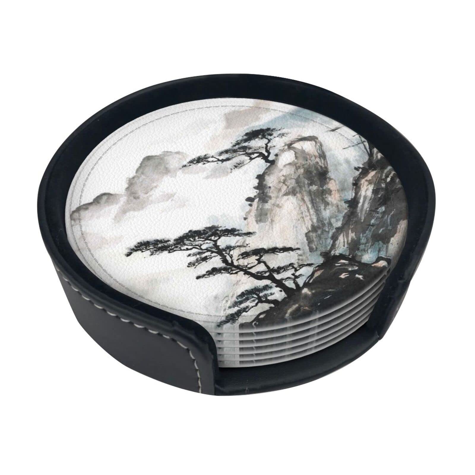 Alteko Chinese Landscape Painting Coasters Set Of 6 Print Leather Coasters For Drinks,Home Décor And Housewarming Gift