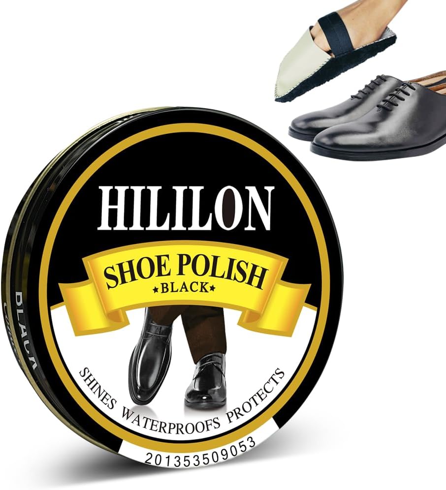 Black Shoe Polish Paste for Leather Shoes & Boots, Premium High-Gloss Shine, UV Protection, Includes Wool Cloth, 1.75oz (50ml)