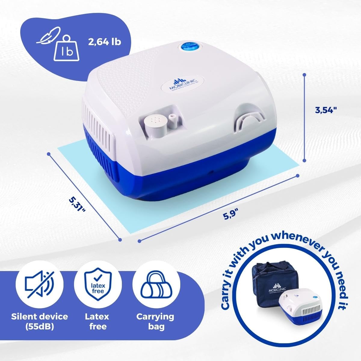 Mobiclinic, Nebulizator, Neb-2, Nebulizator dla dorosłych i dzieci, Inhalator nebulizacyjny, Przenośny, W zestawie torba transportowa, Maska nebulizacyjna dzieci dorosłych, Mini, Biał-niebieski