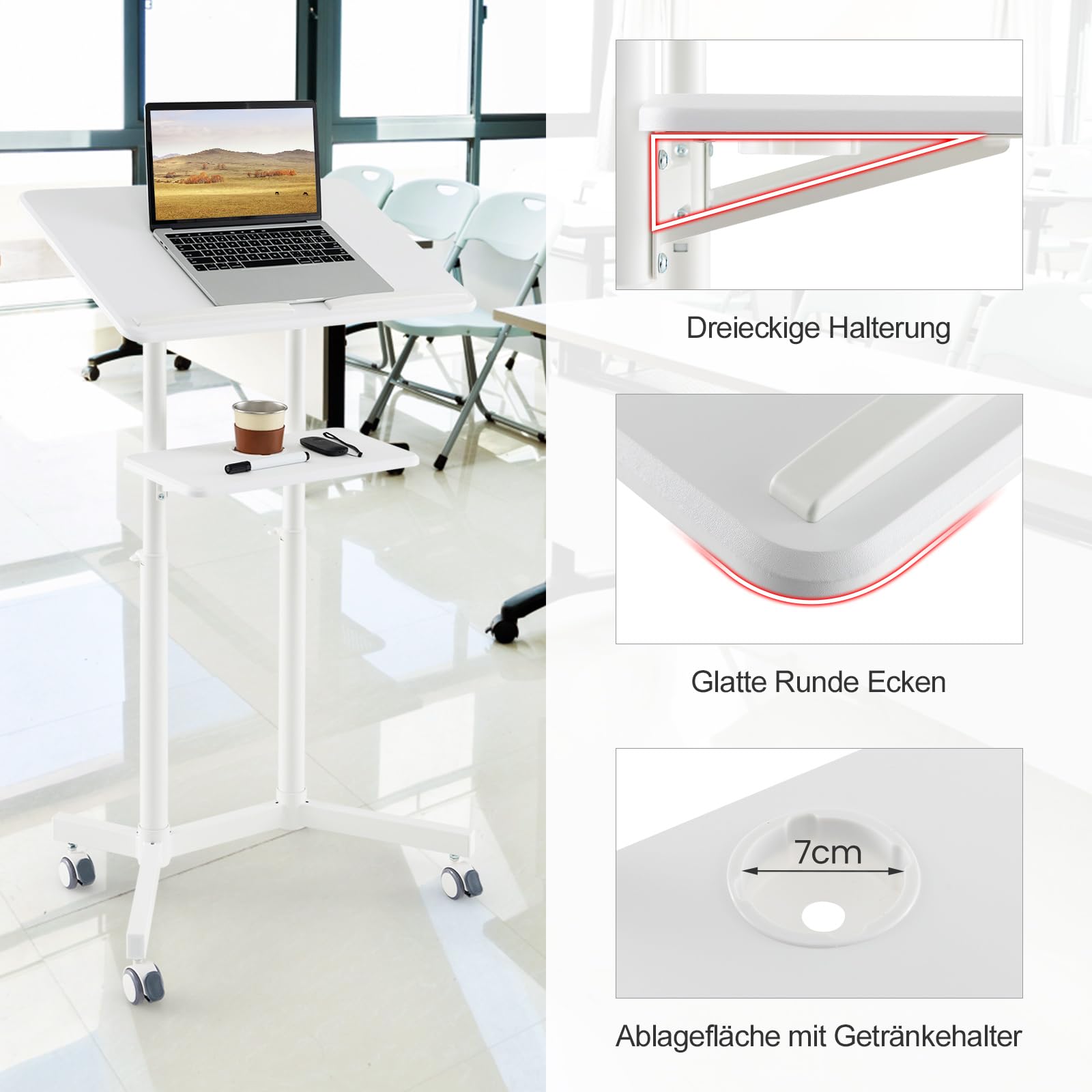 COSTWAY mobiles Rednerpult, Stehpult höhenverstellbarer, Laptopwagen mit neigbarer Tischplatte, Ablagefach & Getränkehalter, Kanzelständer mit feststellbaren Rollen für Zuhause, Büro (Weiß)