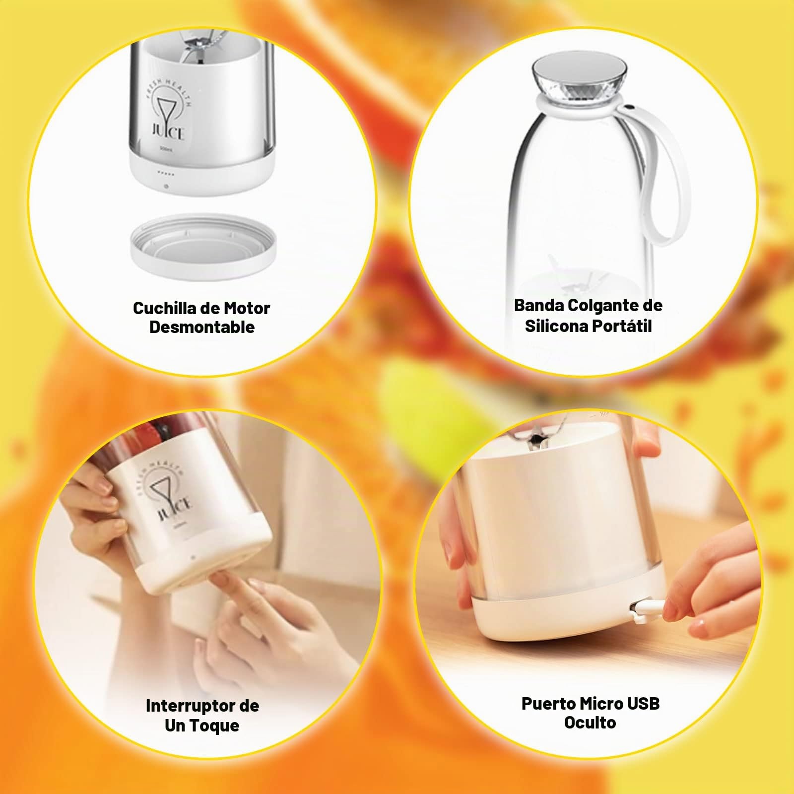 Batidora Portatil Fresh Juice, 500ml Licuadora Portátil, USB Recargable Mini Batidora, Botella Batidora Multifuncional con 6 Cuchillas, Batidora Smoothie para Viajes, Oficina, Camping (Blanco)