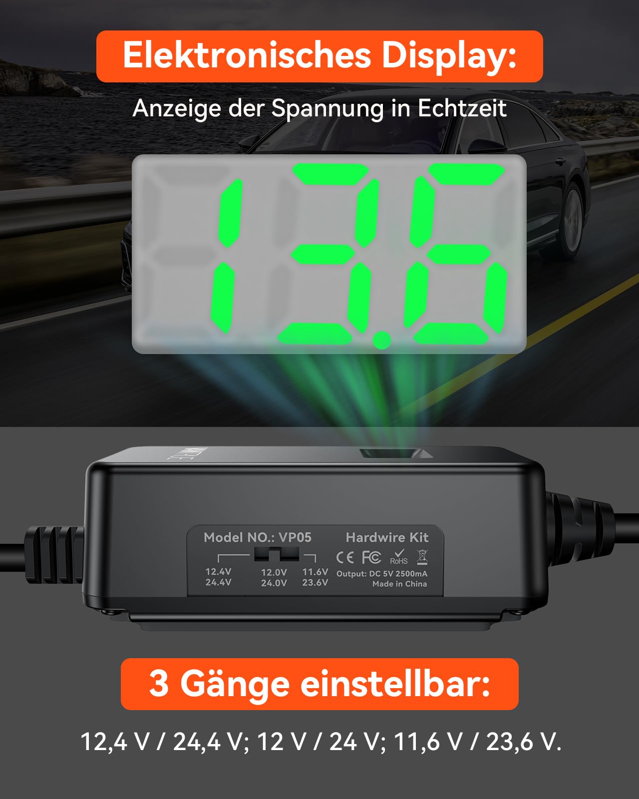 VANTRUE Kit di Cablaggio USB-C con 3 Velocità, Cavo ACC e display per Dashcam USB-C, da 12V/24V a 5V, Portafusibili con Protezione da Bassa Tensione, Modalità di Parcheggio 24H