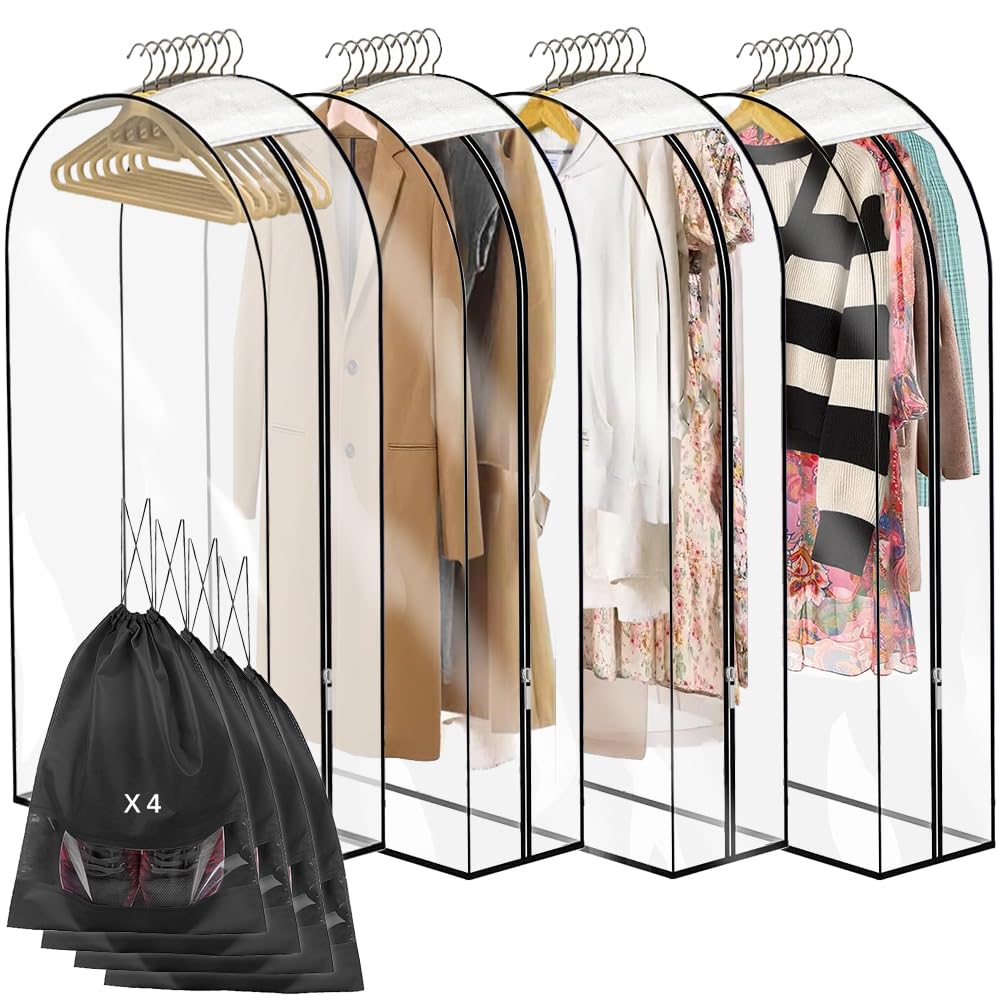 NotiGat 4 PCS 43"Clear garment bags for hanging clothes storage protectors clothes cover for hanging bag with 4 pcs Shoe storage bag (Clear-4PCS)