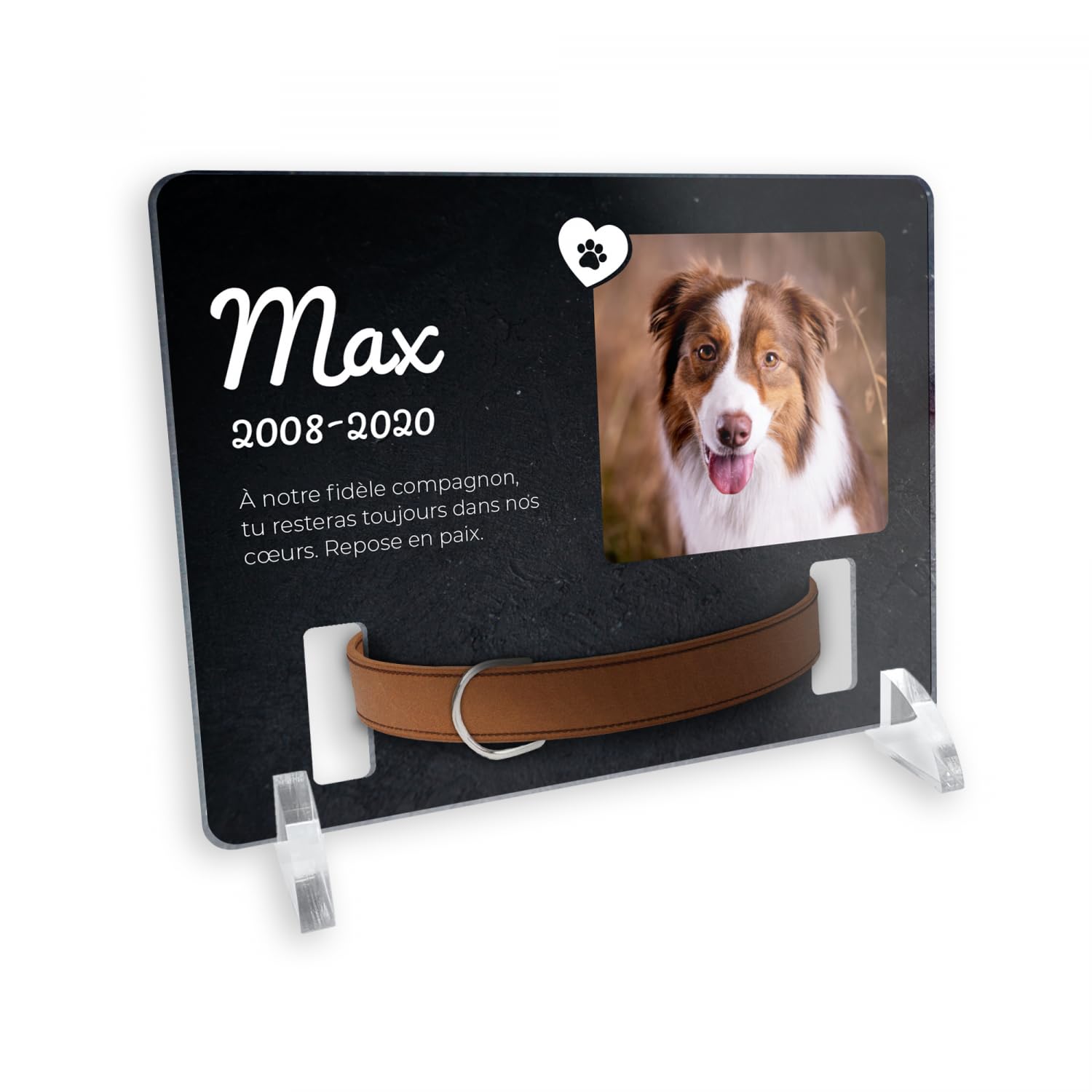 Plaque funéraire Personnalisable pour Animaux de Compagnie avec Photo et Support pour Collier ou médaille de Chien et Chat, Motif Granit, Format 20x15 cm
