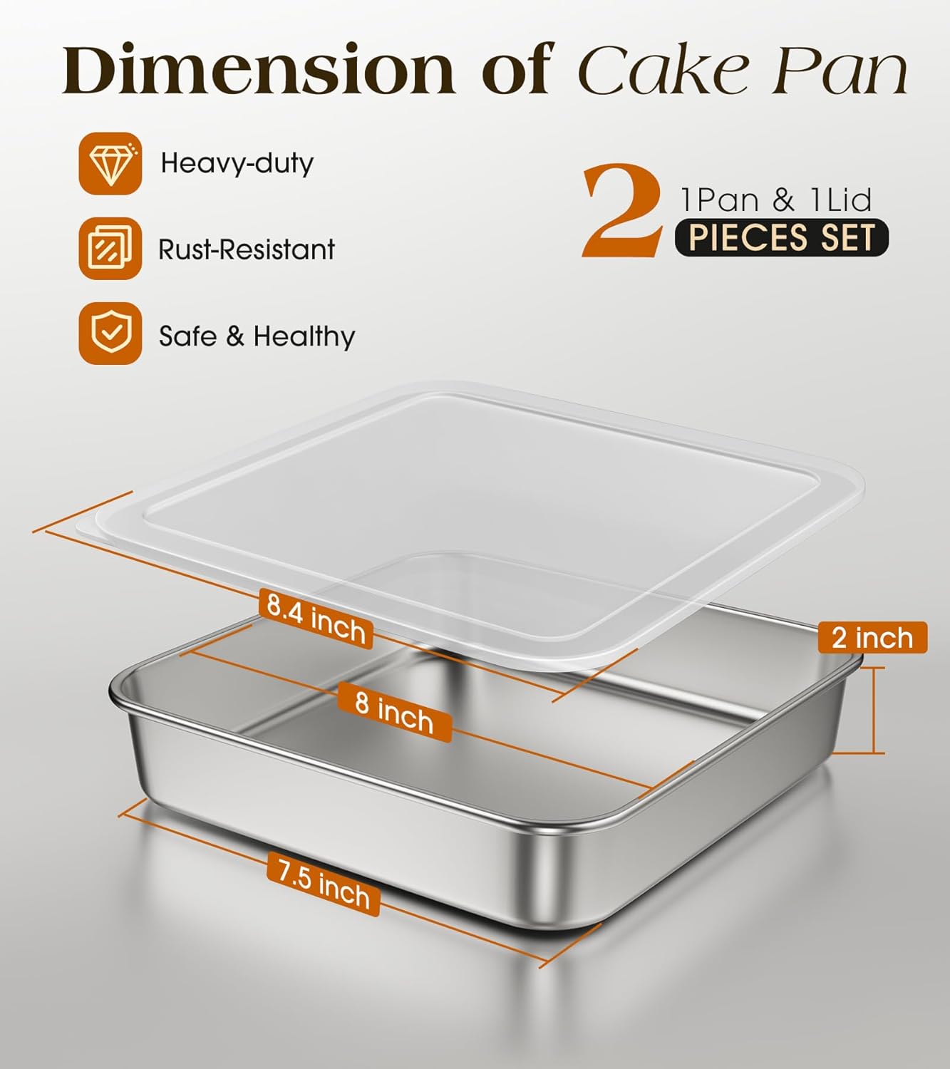 8 x 8-Inch Baking Pan with lid, 304 Stainless Steel Square Cake Pan, Commercial Grade Bakeware for Cakes Brownies Casseroles, Thicker Rectangle Sheet Cake Pans, Non-toxic & Heavy Duty &Dishwasher Safe - Image 2