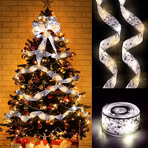 FEQO Weihnachtsband-Lichterkette, silberfarben, Weihnachtsbaumband, Lichterkette, 150 LEDs, batteriebetrieben, für Weihnachtsbaum, Party, Hochzeit, Innen- und Außendekoration Cover