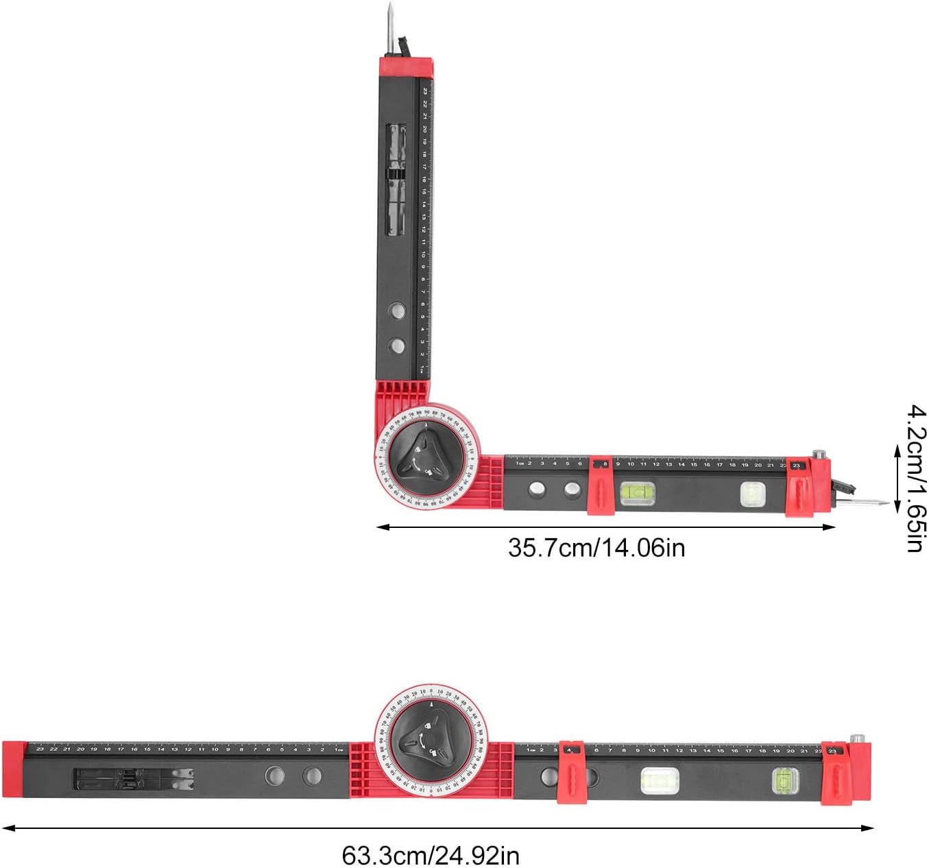 Adjustable Protractor, Engraved Scale, Built in Bubble Level, ABS Construction, for Woodworking, Trimming, and Hemming Tasks (Black Red)
