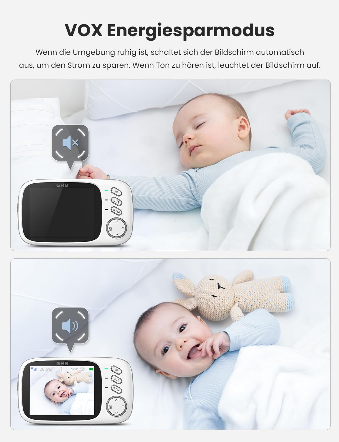 GHB Elektroniczna niania z kamerą 3,2" LCD monitor dla niemowląt, widoczność w nocy, tryb VOX, kołysanki i funkcja interkomu