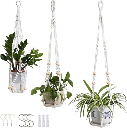 Miniatura 7 de feedee Perchas de macramé para plantas de interior, paquete de 6 soportes colgantes para plantas de interior, colgadores de plantas macromay para