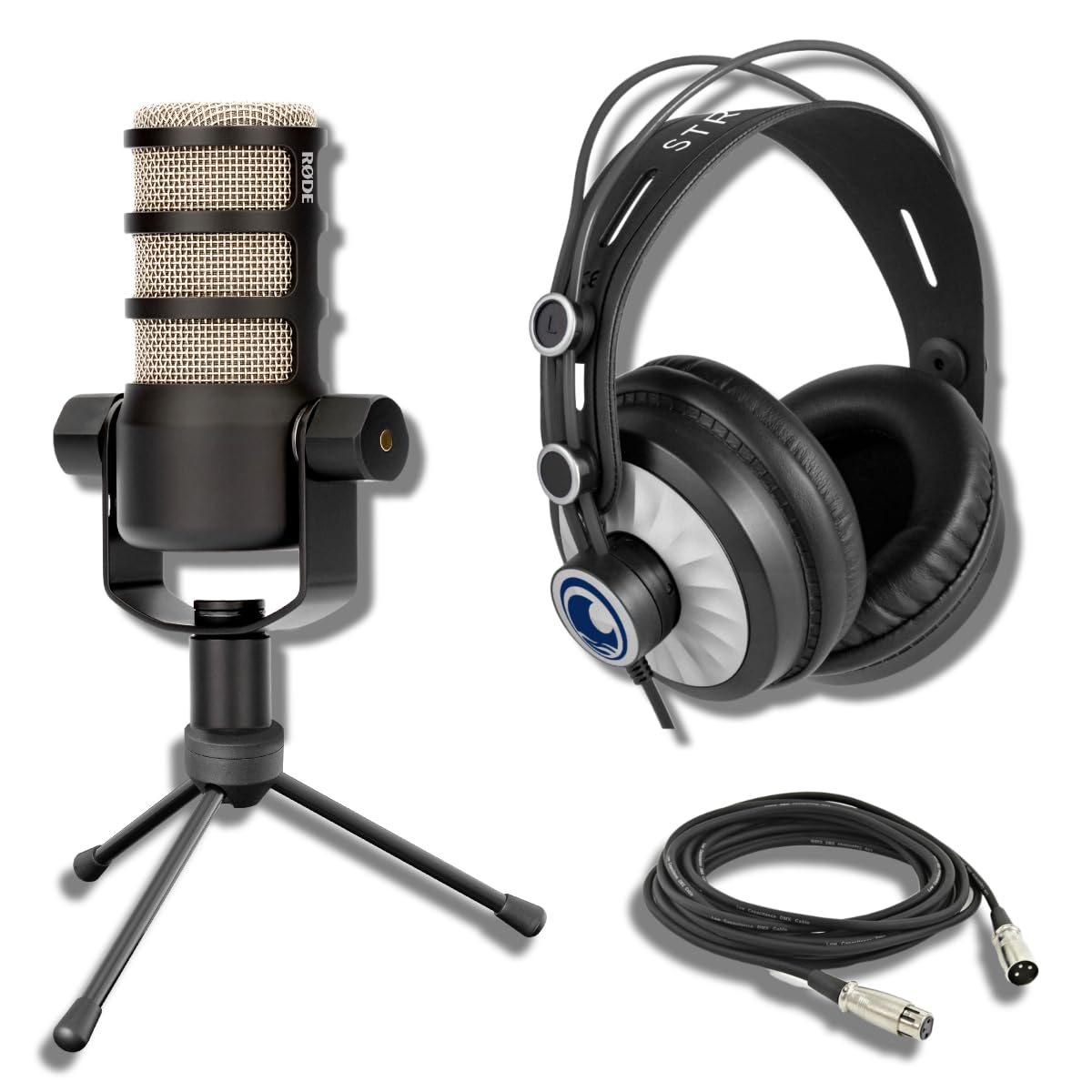 Rode PodMic Dynamic Podcast Microphone with StreamEye Cans50 Podcast Headphones, Tripod Desktop Mic Stand and XLR Cable