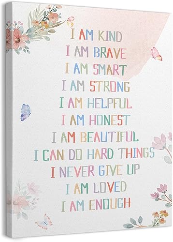 Miniatura 1 de WODMIS Affirmation - Lienzo enmarcado para pared, diseño de acuarela con texto en inglés "I Am Kind Smart Brave" (rosa 1, 11 x 14)