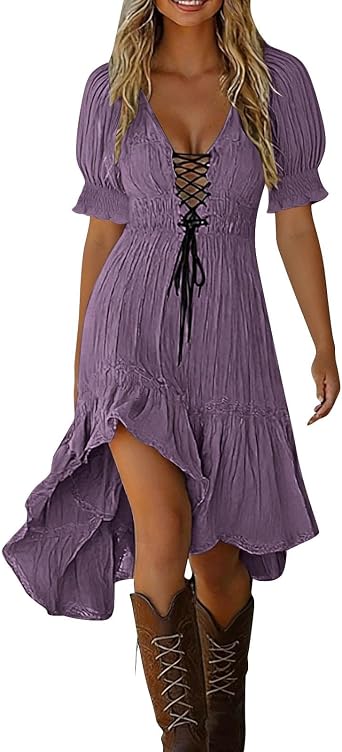 Women Asymmetrical Hem Boho Midi Dress Flared Short Sleeve Sexy Drawstring Casual Sundress Lace Summer Dress Outfits