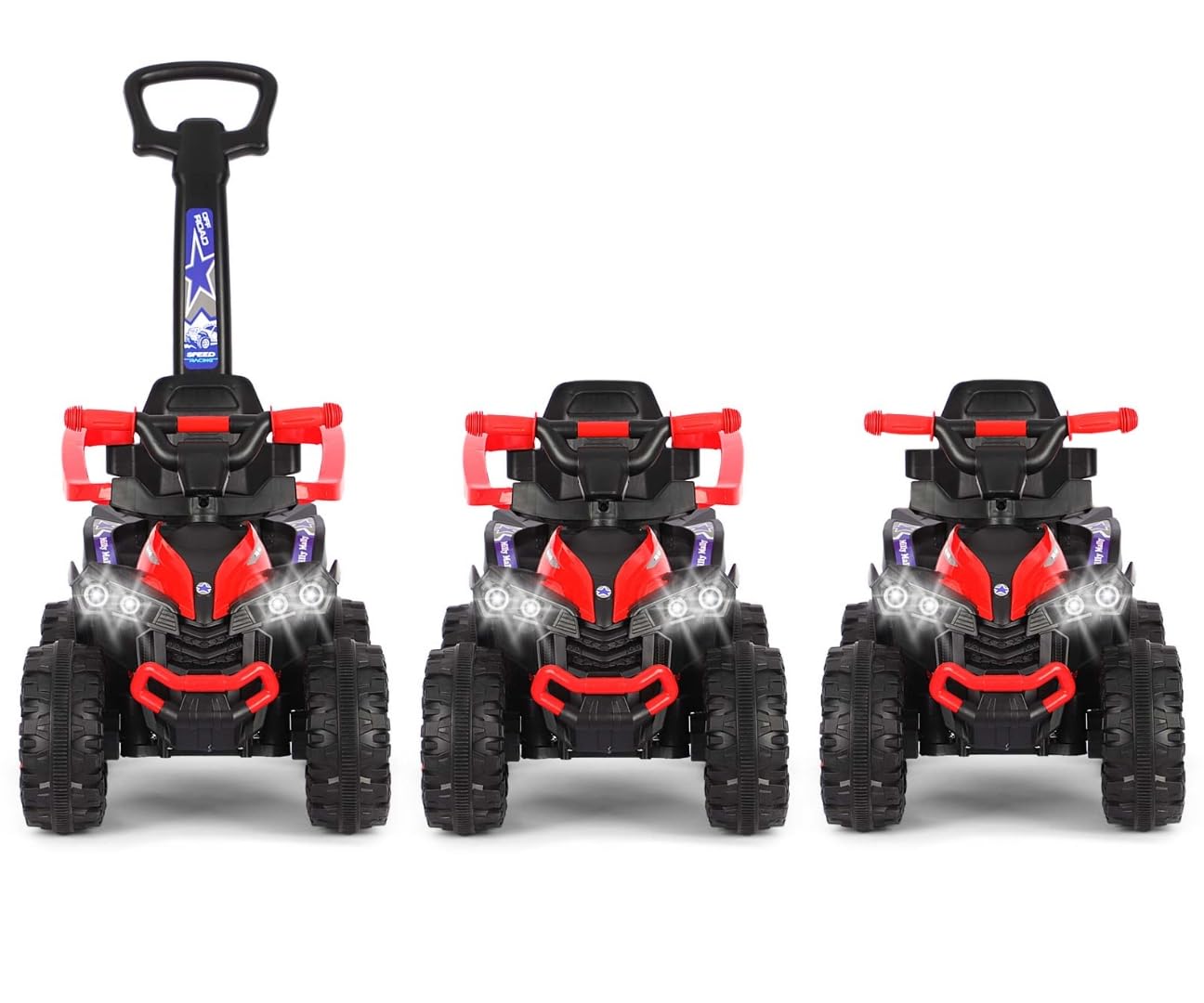 Milly Mally Wild Kinder Rutschauto mit Schubstange | 3-in-1 Offroad Quad Kinderfahrzeug für Kleinkinder 12-36 Monate | Rutschfahrzeug mit LED-Licht, Sound & Schutzbügel bis 25 kg (Red)