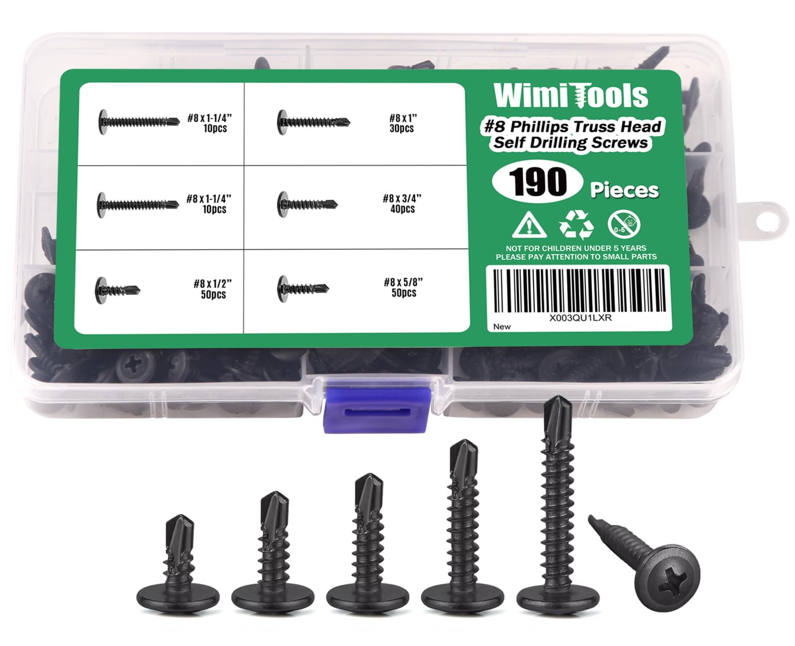 WimiTools 190pcs #8 x 1/2'' to 1-1/4'' Self Drilling Screws Assortment Kit, Black Truss Head TEK Stainless Steel Self Tapping Screws for Metal, Plastic, Aluminum