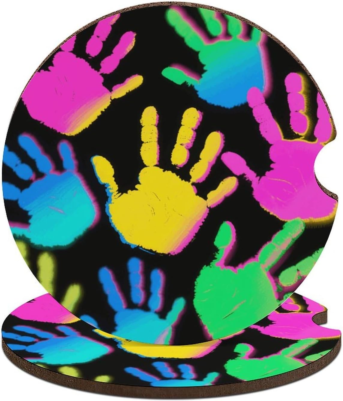 Car Cup Coaster Absorbent with Cork Base, Colorful Handprints