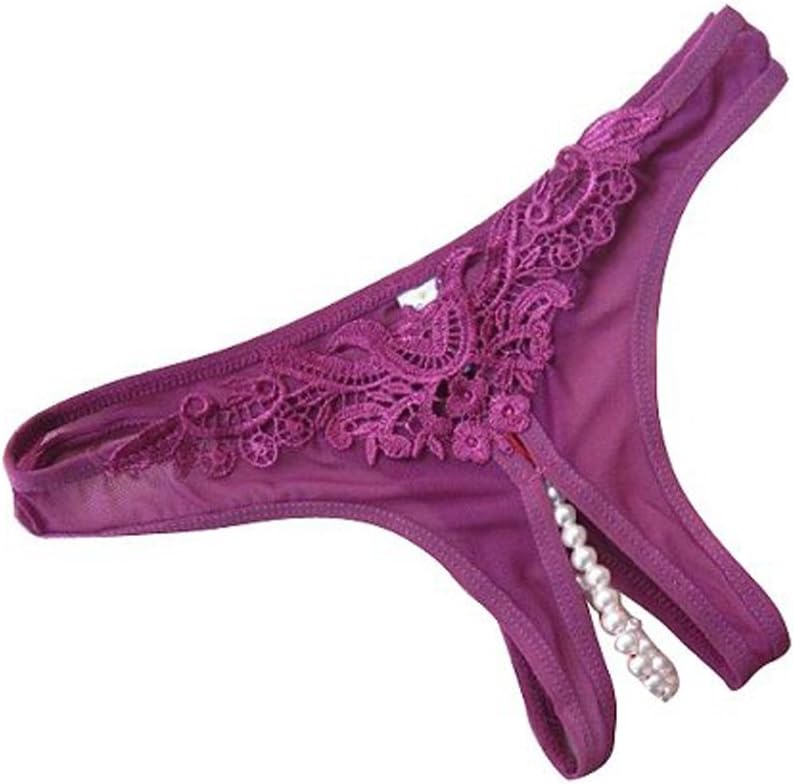 Women's Sexy Open Crotch Pearl Thongs G-string V-string Panties (free size, Purple)