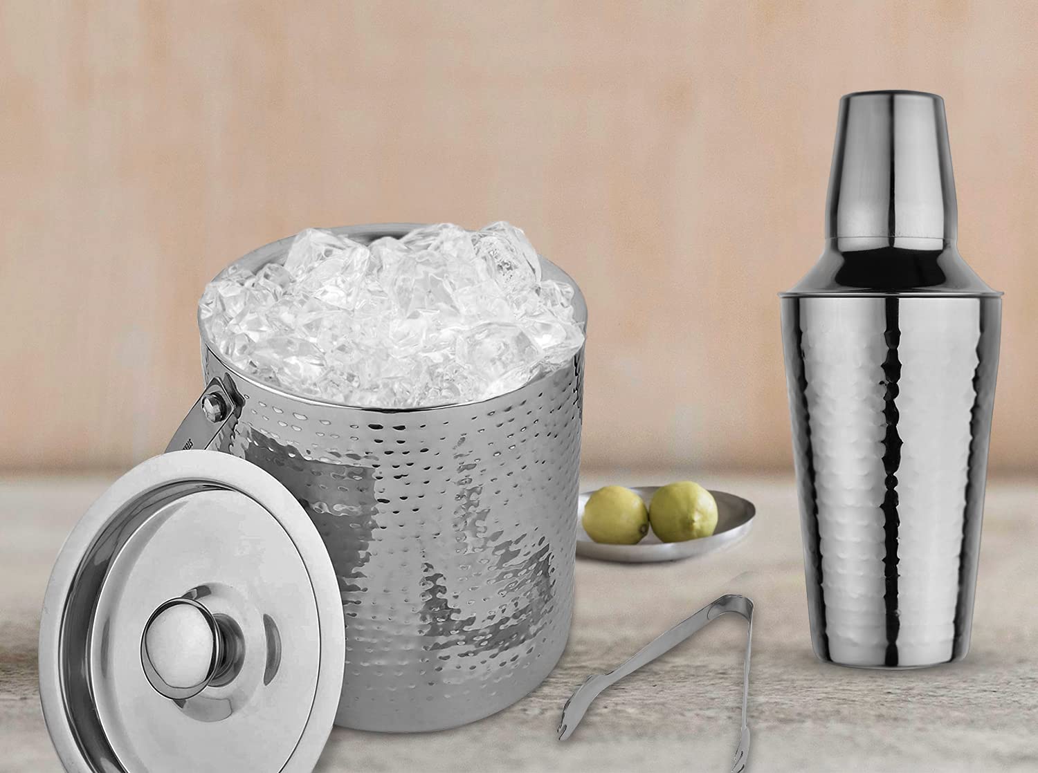 Steren Impex | Stainless Steel 4 Piece Full Hammered Bar Set for Drink/Gift, Double Wall - Ice Bucket with Tong, Peg Measurer & Cocktail Shaker 2