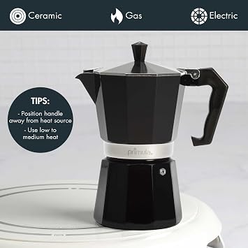 Primula Classic Moka Pot Stovetop Espresso and Coffee Maker, Italian and Cuban Cafetera for Rich Espresso Brewing, Durable Aluminum Greca Coffee Maker with Easy Grip Handle, 6-Cup, Black
