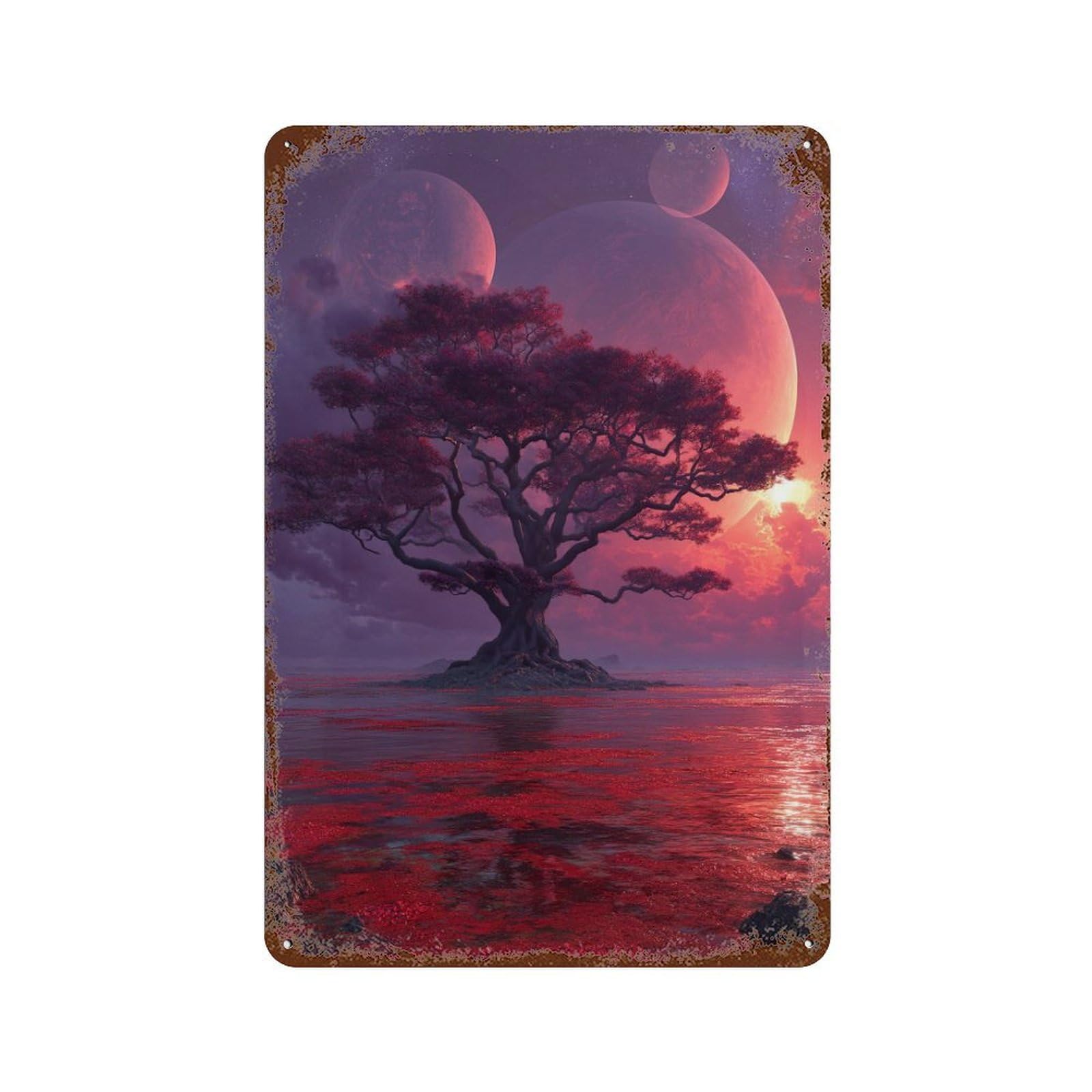 Alien Planet with Tree Vintage Wall Sign 11.8"x7.9", Rust Effect Metal Decor for Office, Studio And Wall Decor