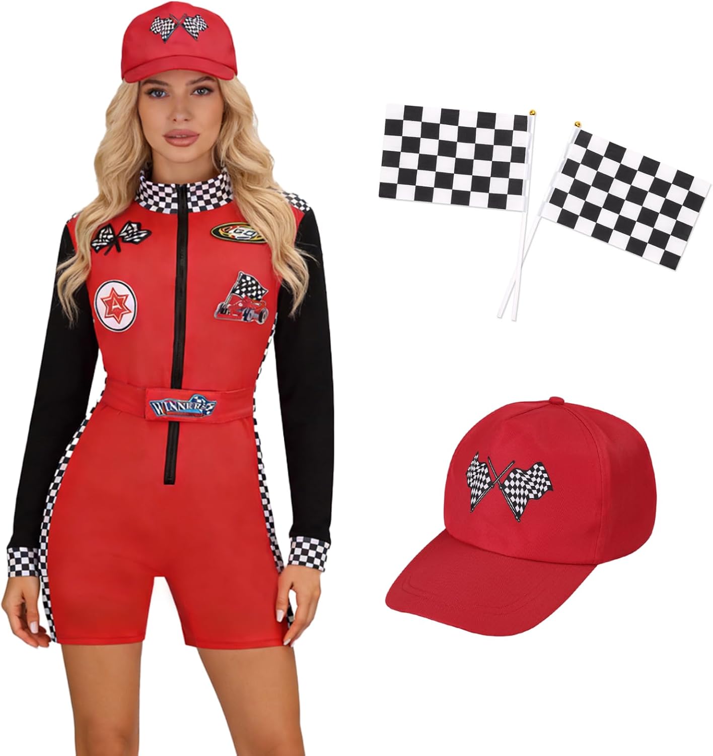 Race Car Driver Costume for Womens Racing Driver Jumpsuit Shorts Long Sleeve with Grid Flag Set Halloween Outfits