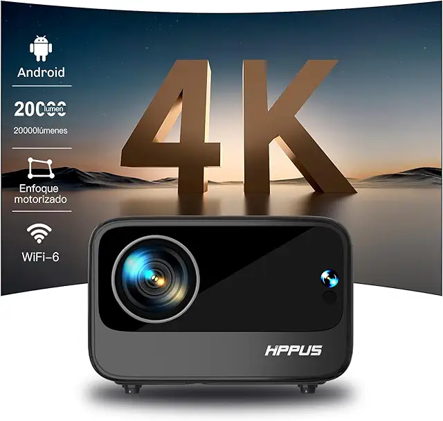 Imagen relacionada con Proyector WiFi 6 Bluetooth 4K Soporte, 20000 Lúmen HIPPUS Proyector Full HD 1080P Nativo con Corrección Trapezoidal electrico, Proyector Móvil Cine en Casa para HDMI/USB,Gris de Hierro