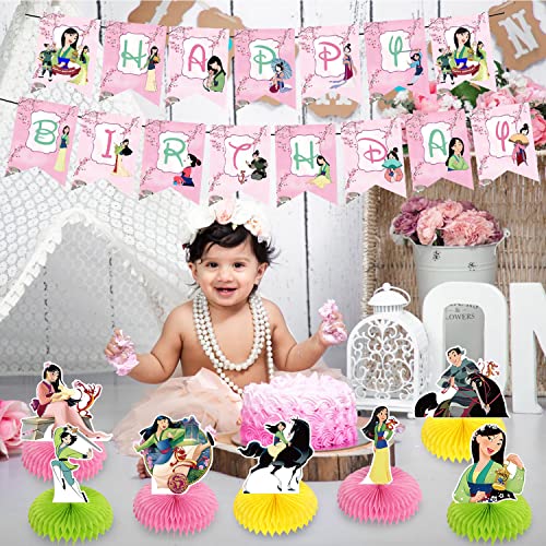 Mulan Party Decorations Honeycomb Centerpiece, 8 Pieces Mulan Princess Theme 3D Double Side Cake Toppers Table Centerpieces, Mulan Photo Backdrop For Kids Birthday Party Decorations #TOP6