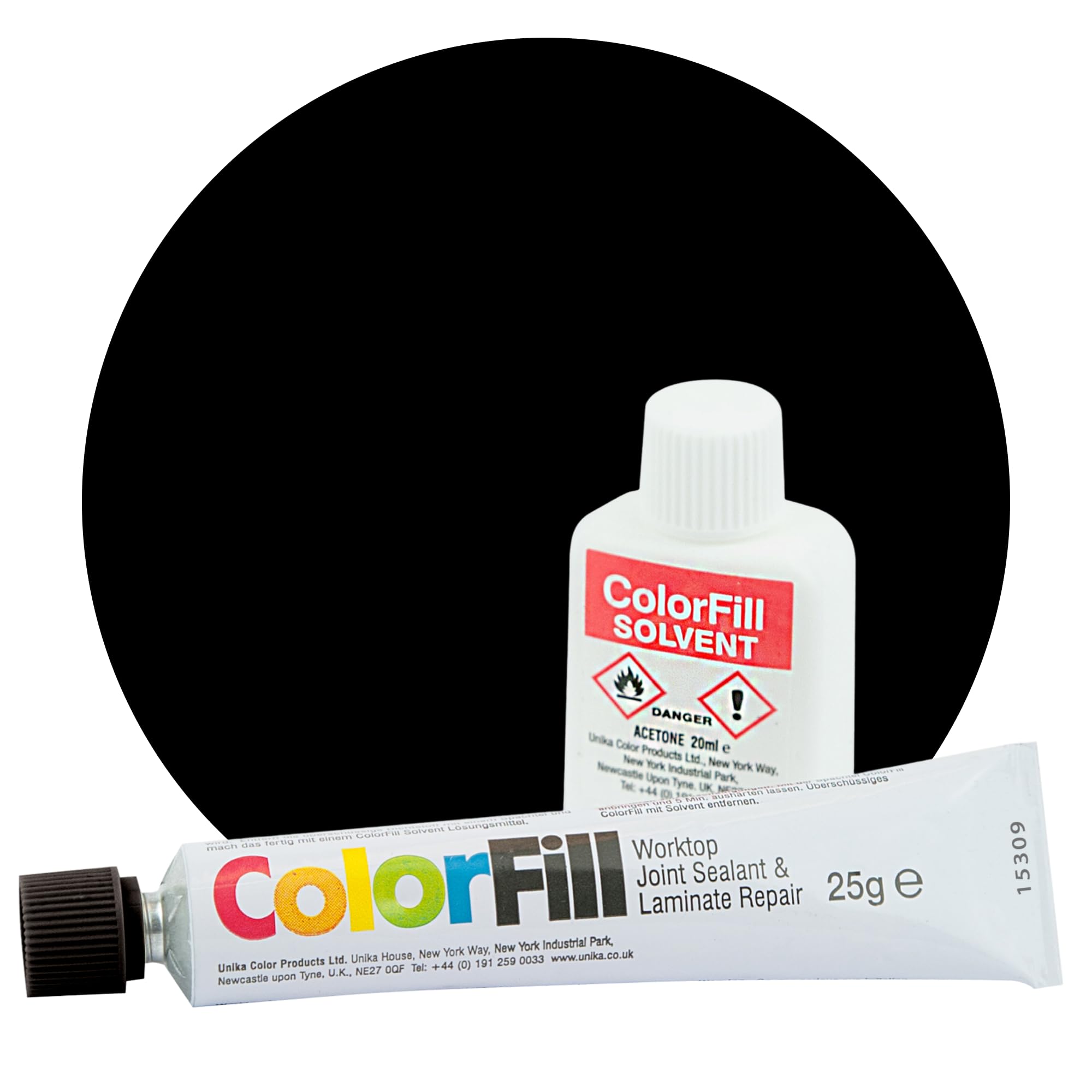 Unika ColorFill Diamond Black (CF30) – Laminate Worktop Repair Kit, Joint Compound, Sealant & Filler | 25g Tube + Applicator + 20ml Solvent – Kitchen Worktop Scratch Repair