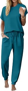 Ekouaer Womens Pajama Sets 100% Cotton Pjs 2 Piece Jogger Pants Lounge Sets | Soft breathable cotton fabric, relaxed fit crew neck loungewear set, ideal for home relax and casual outings