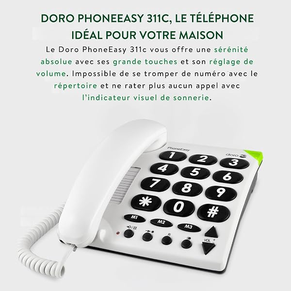 Doro PhoneEasy 311c Téléphone Filaire pour Seniors avec Grandes Touches contractées,Sonnerie Lumineuse, Numérotation Abrégée et Compatible avec Appareils Auditifs [Version Française] - 4