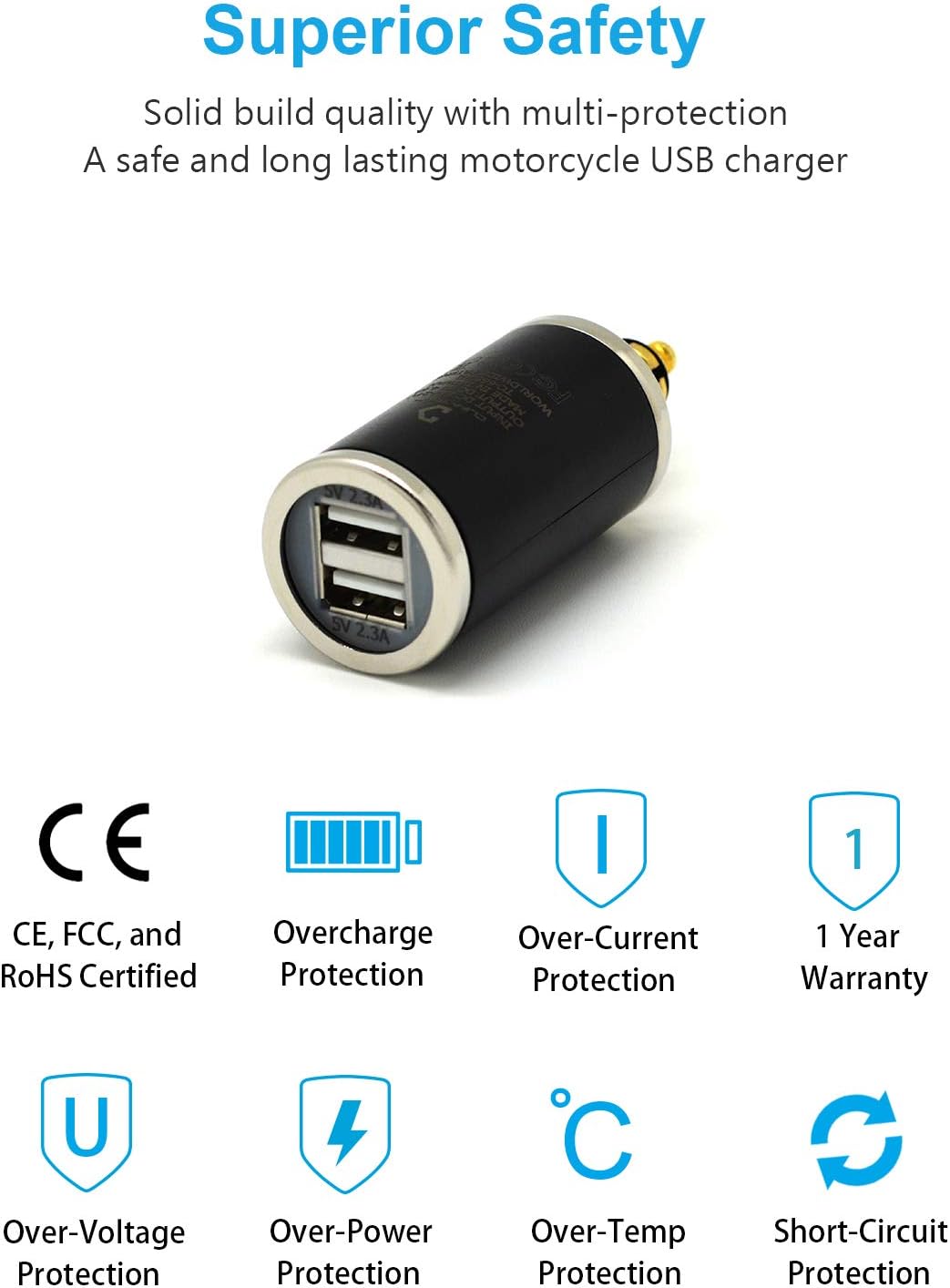 Cliff Top Motorcycle DIN USB Charger 4.6 Amp Motorcycle Power Adapter with DIN Hella Plug Compatible with BMW Triumph Tiger Ducati Motorcycle (Straight)
