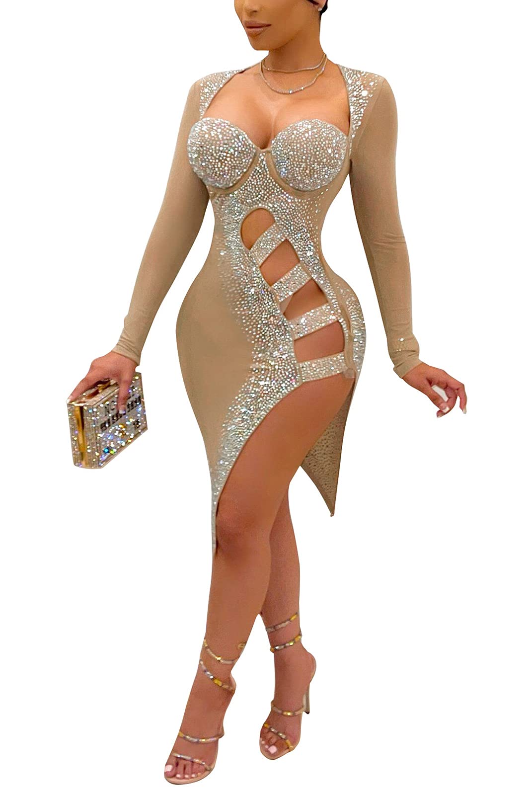 WOKANSE Women's Rhinestone Bodycon Dresses Sexy Mesh Sheer See Through Nightclub Party Dress
