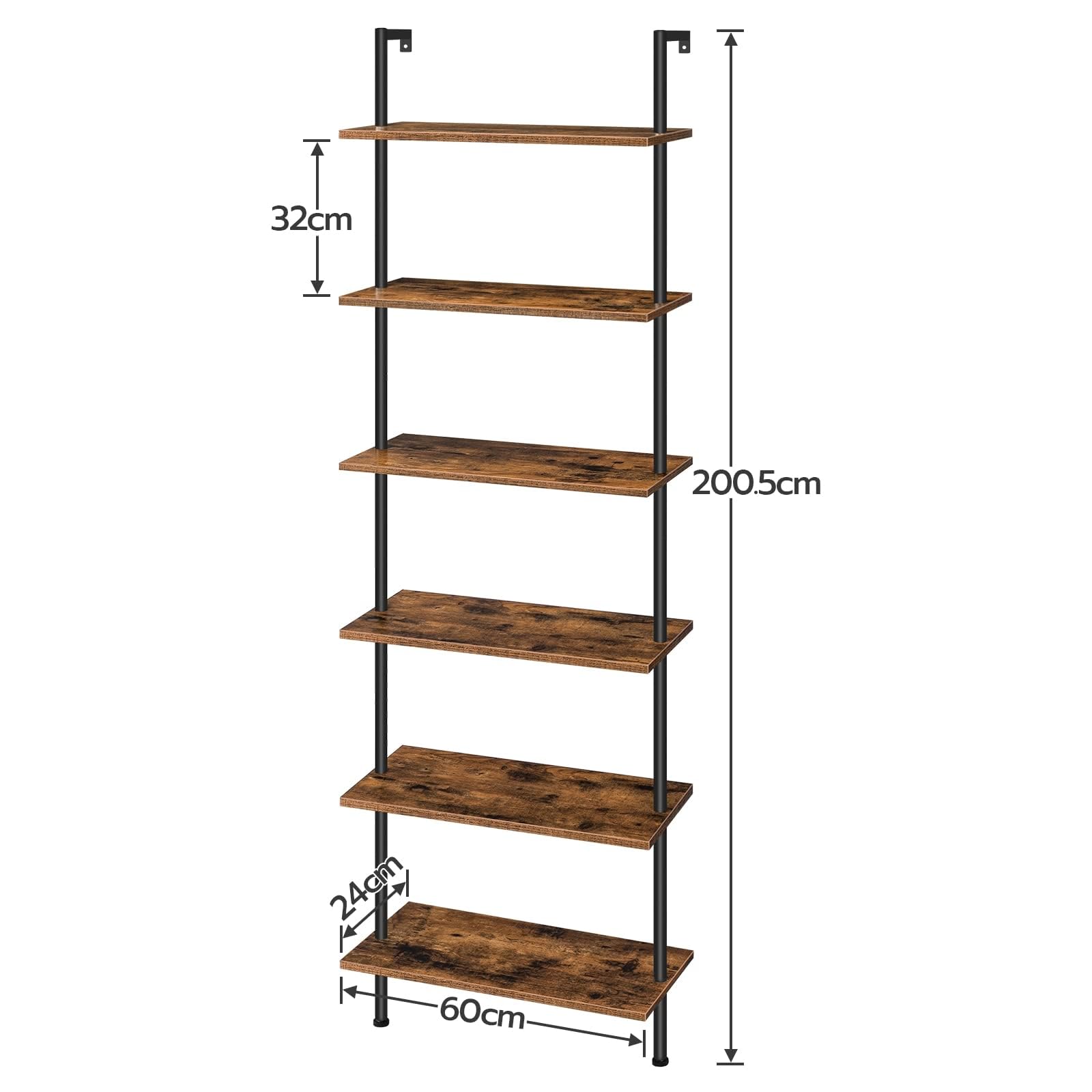 HOOBRO DIY Scaffale a Scala, Libreria 6 Ripiani, Scaffale da Parete in Stile Industriale, Organizzatore da Ufficio, per Soggiorno, Ufficio EBF65CJ01