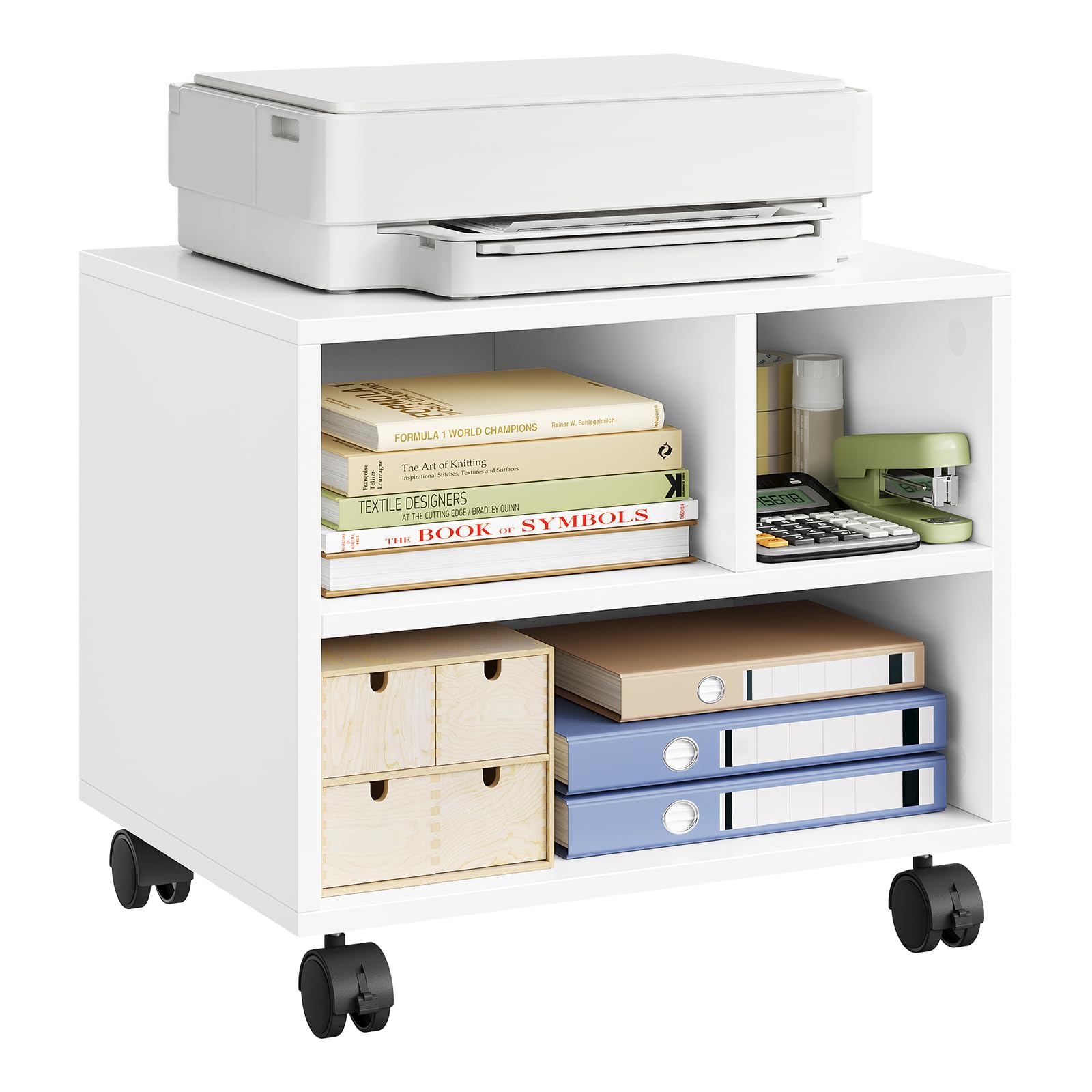 WOLTU Mesa para Impresora con Ruedas, Soporte de Impresora, Estanteria Movil para Oficina, con 3 Compartimentos, Carro Movil, 40x30x35 cm, Blanco, ASK06ws