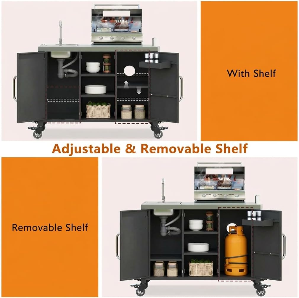 Casaphoria 55.5" Outdoor Kitchen Island with Sink, Stainless Steel BBQ Grill Cart & Pizza Oven Table, Portable Bar Station with Lockable Wheels for Patio Lawn Garden