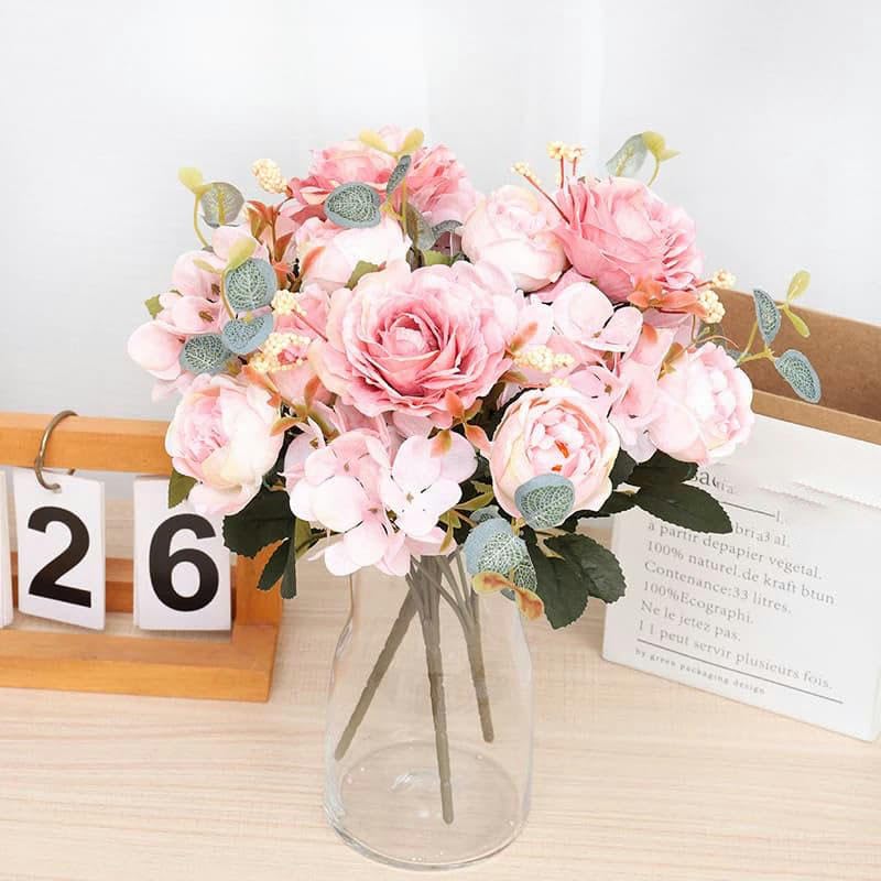 Fiori artificiali autunnali, bouquet da sposa retrò con rose di seta, ortensie, peonie finte, accessori for la decorazione Natale e matrimonio(Purple)
