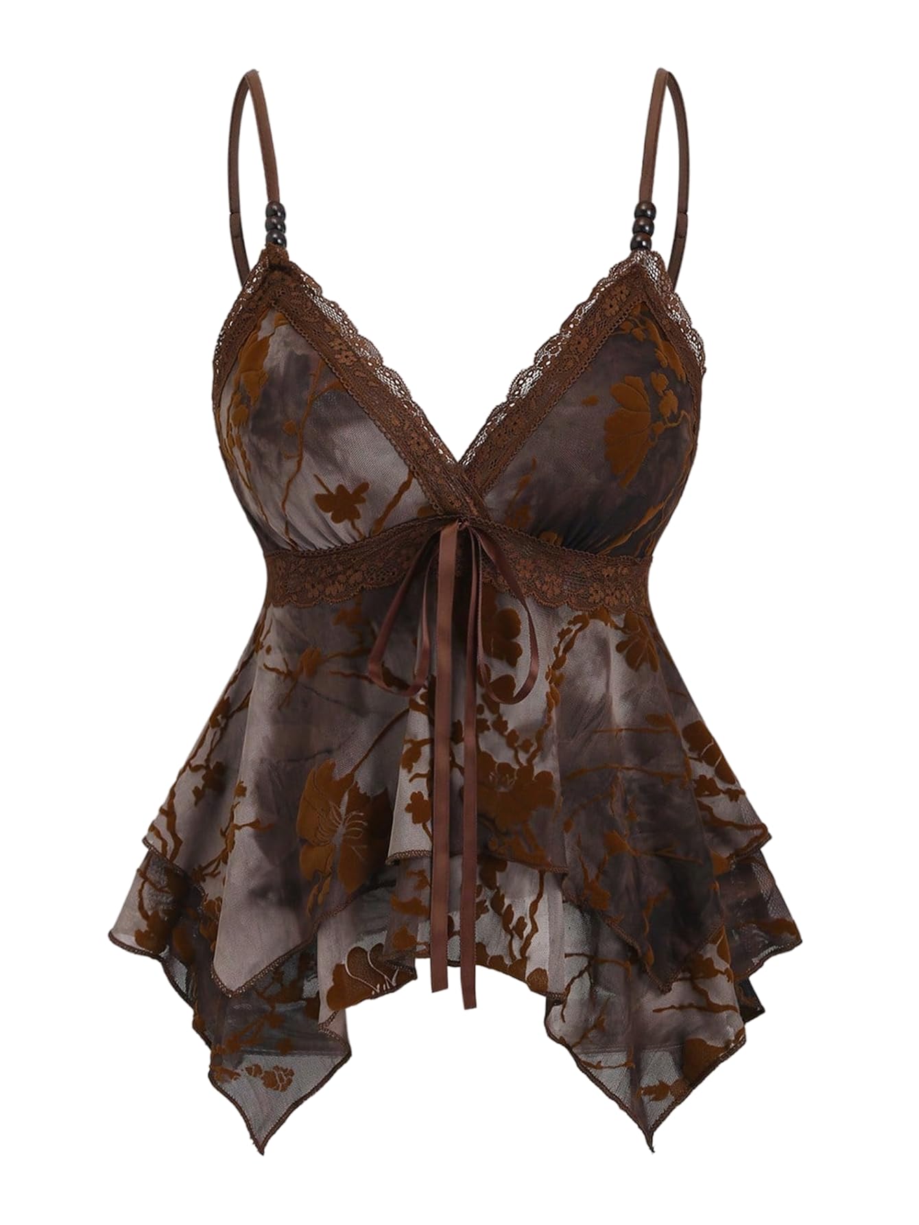 Verdusa Women's Y2K Tops Babydoll Tank Tops Lace Cute Going Out Shirt Medium Brown Pattern