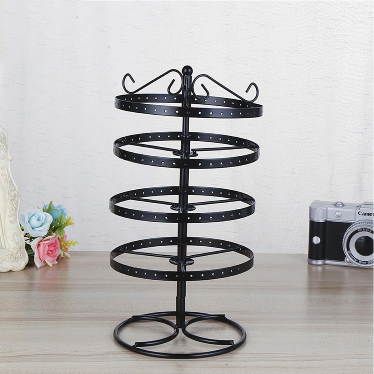 Healvian Espositore Orecchini in Metallo Rotante 4 Livelli 168 Fori Nero | 1 Pezzo, Struttura in Ferro, Uso Casa e Negozi, Semplice ed Elegante, Organizzazione Gioielli