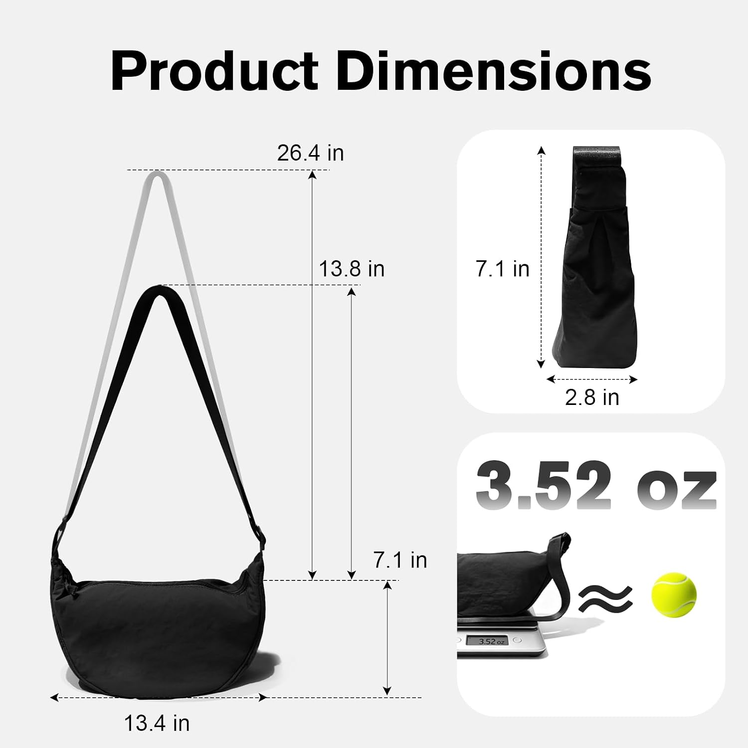 Spacious Crescent Sling Bag for Women & Men, Lightweight Taslon Crossbody Shoulder Chest Bag with Adjustable Strap, Water-Resistant Casual Everyday Purse for Travel Work Shopping, Black