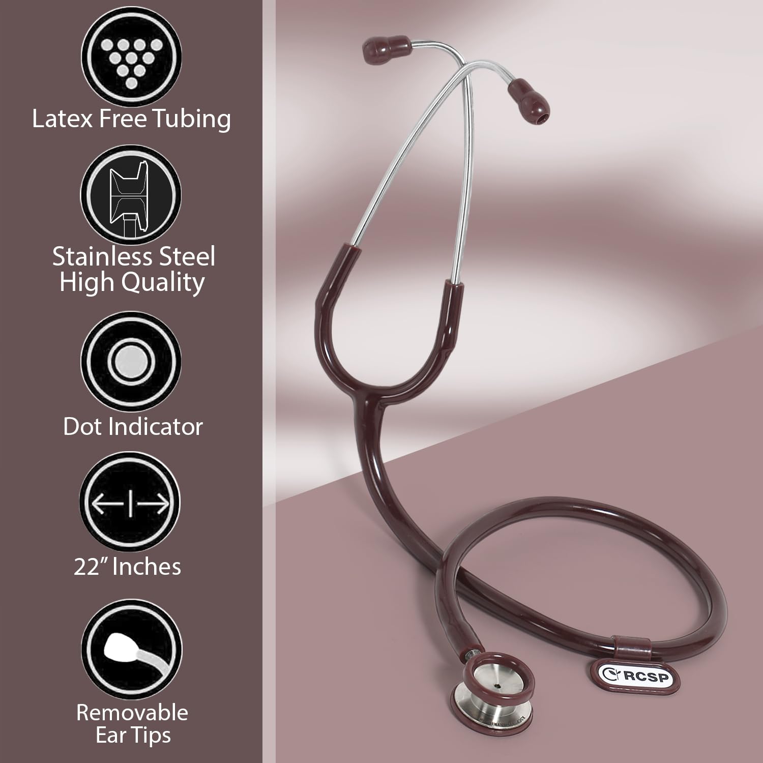 RCSP Stethoscope Pediatric for Doctors and Medical Student Nurses SS Pediatric, Lightweight Stainless Steel Chest Piece with Flexible Jointless Tube & Soft Sealing Ear Knobs (Chocolate) 1