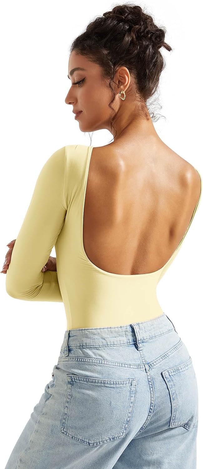 SUUKSESS Women Backless Y2k Long Sleeve Bodysuit Double Lined Open Back Sexy Basic Top - Image 3