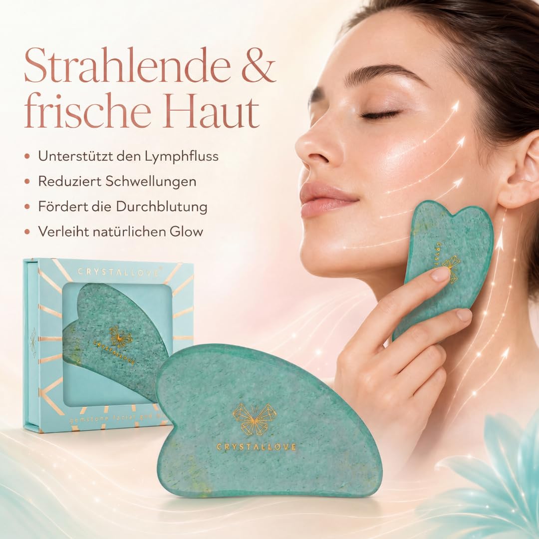 CRYSTALLOVE Gua Sha Stein aus Amazonit – Gesichtsmassage Tool Limited Edition – Gua Sha für Gesicht, Hals & Dekolleté – Lymphdrainage & Anti Aging Beauty Tool