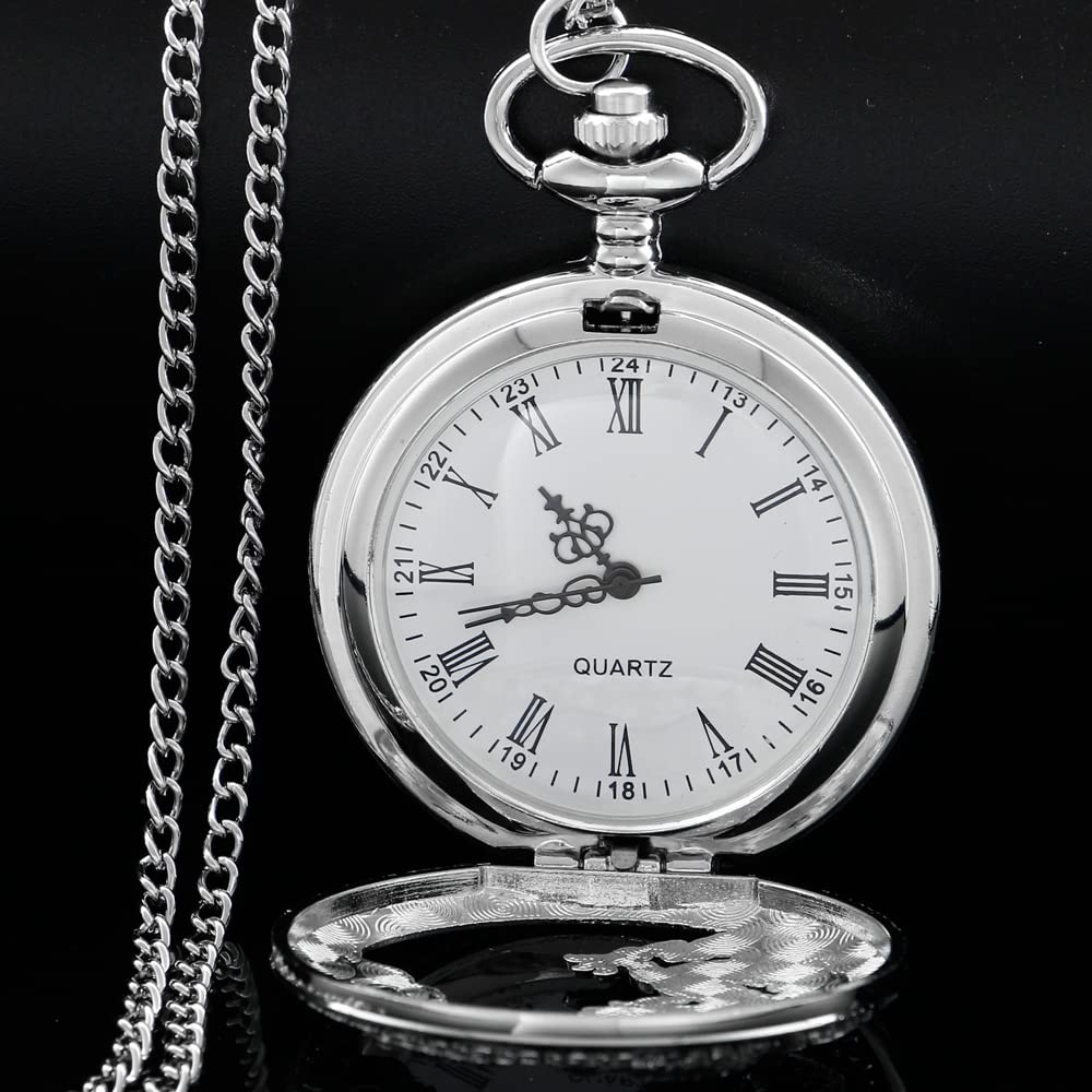 Alwesam Silver Dragon Design Quartz Pocket Watch Roman Numerals with Chain Birthdays Gifts for Father's Days