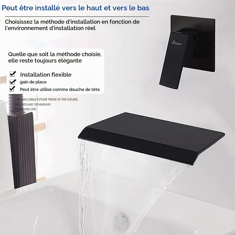 PHASAT Robinet Mitigeur Mural Salle de Bain Robinet Cascade Noir pour Lavabo Baignoire avec 20 cm Bec Extra Large BB02E
