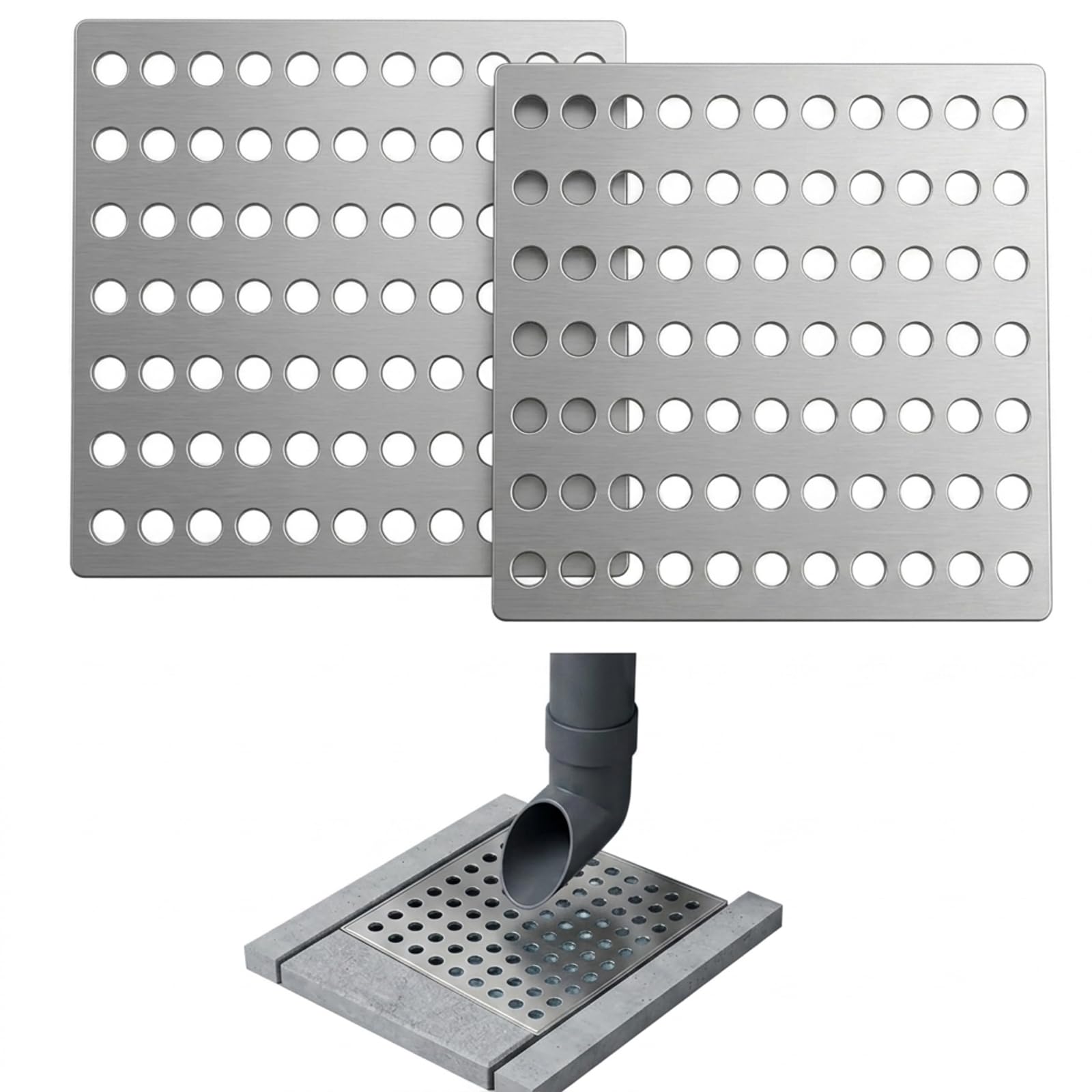 Steel Rustproof Square Drain Covers – 2 Piece Set Silver – Metal Grid Guards to Stop Leaves – Outside Drain Cover for Garden and Gutter