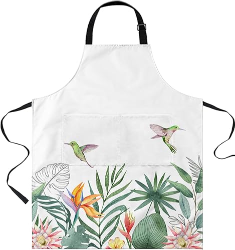 Pastoral Botanical Bib Aprons with Pockets Waterproof, Adjustable Apron for Men Women Summer Tropical Plants Palm Leaves Birds