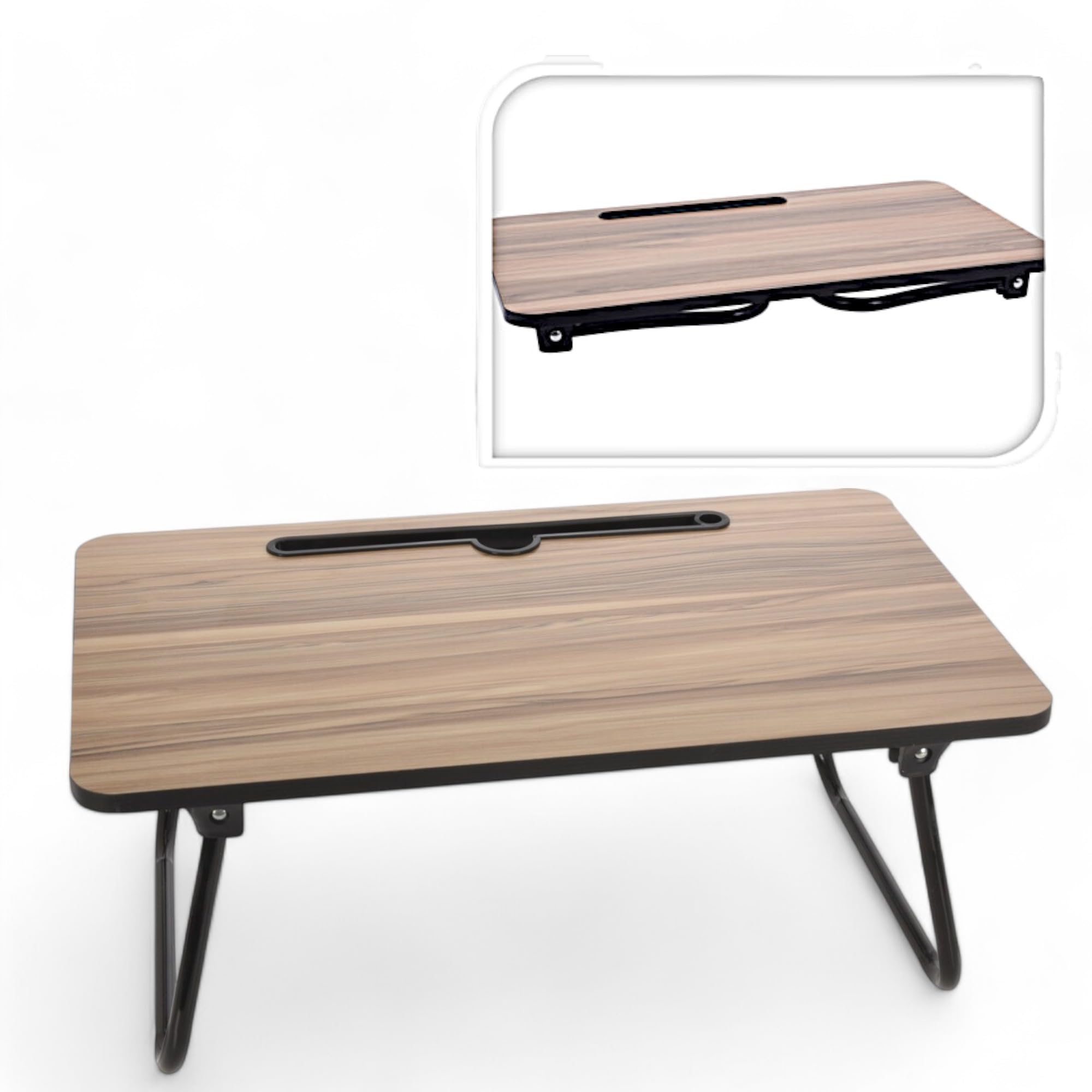 MIJOMA Taca na łóżko o wyglądzie drewna, składany stół do serwowania z miejscem na tablet, 52 x 30 x 21 cm, składane metalowe nóżki, wszechstronny i praktyczny