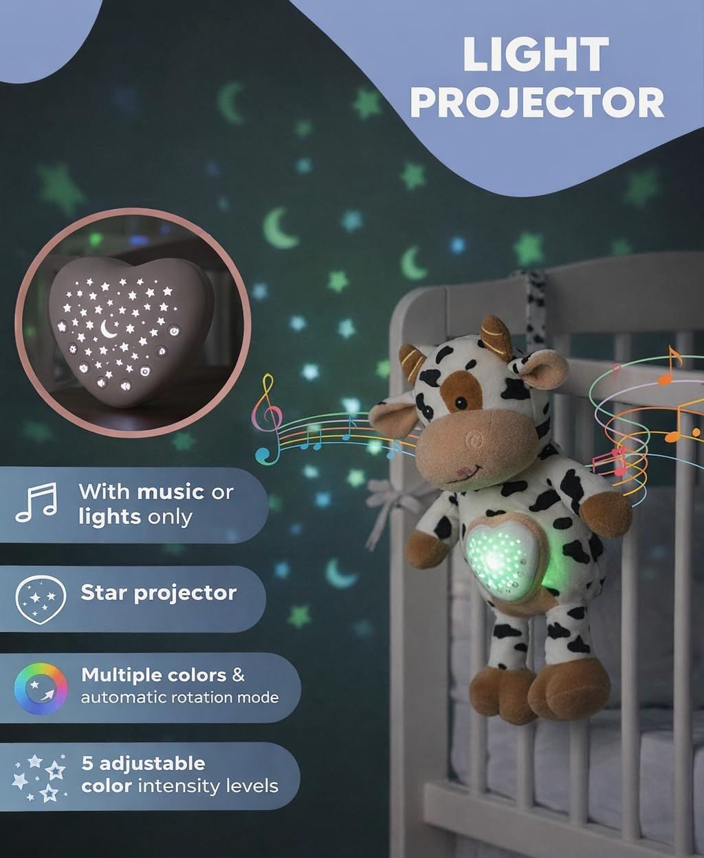 Baby Sound Machine Plush Cow with Cry Detector & Star Projector – USB Rechargeable White Noise Machine Baby with 15 Melodies & Timer – Lullaby Sound Machine & Baby Sleep Soother for Newborns