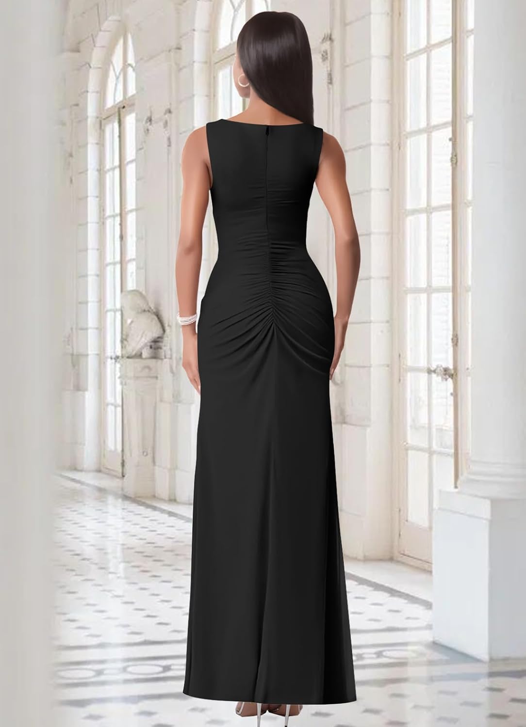 firfig Womens Formal Long Dress Mesh V Neck Sleeveless Ruched Slit Leg Cocktail Party Wedding Guest Maxi Dresses - Image 3