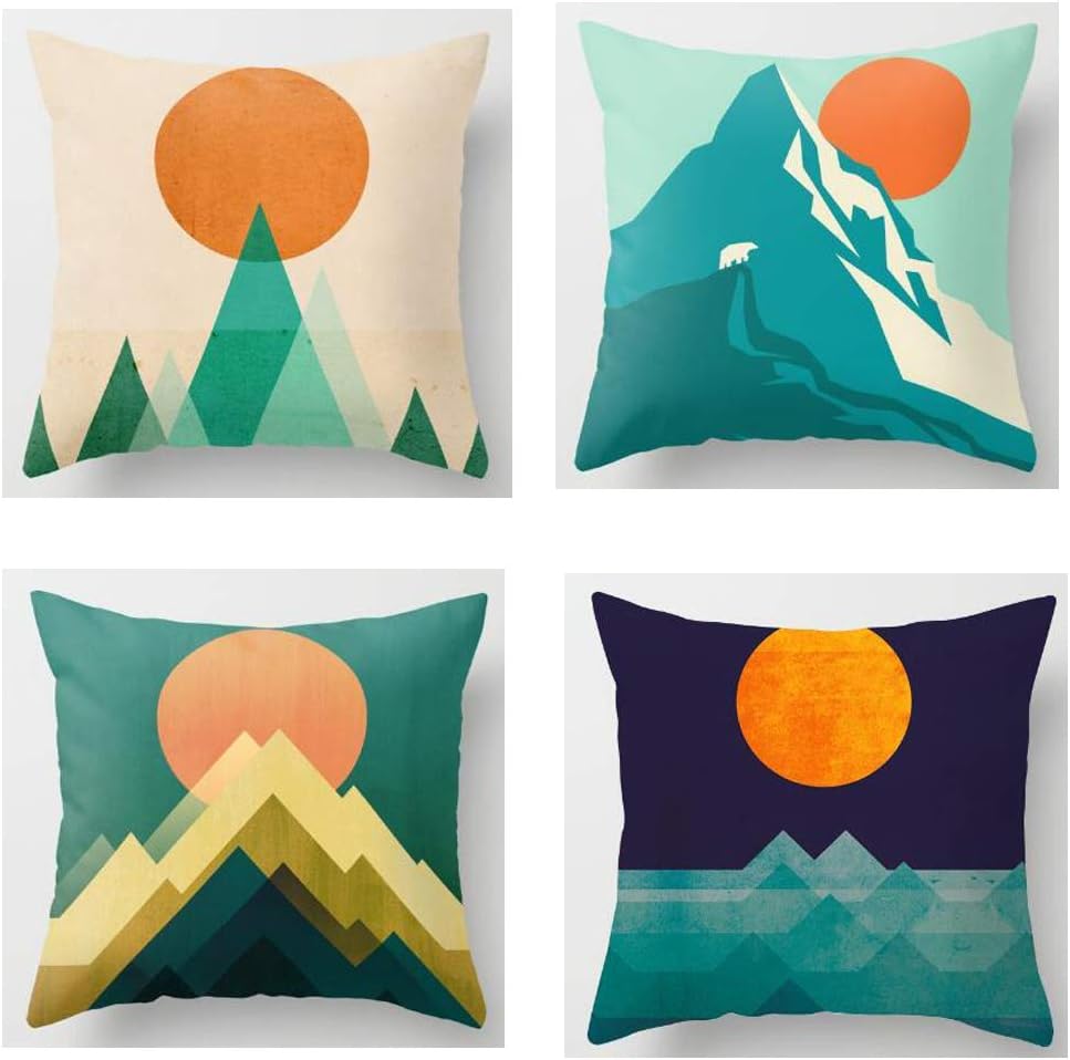 QINU KEONU Set of 4 Simple and Modern Elephant Mountains and Sun Cotton Linen Throw Pillow Case Cushion Cover Home Sofa Decorative 18 X 18 Inch (29)